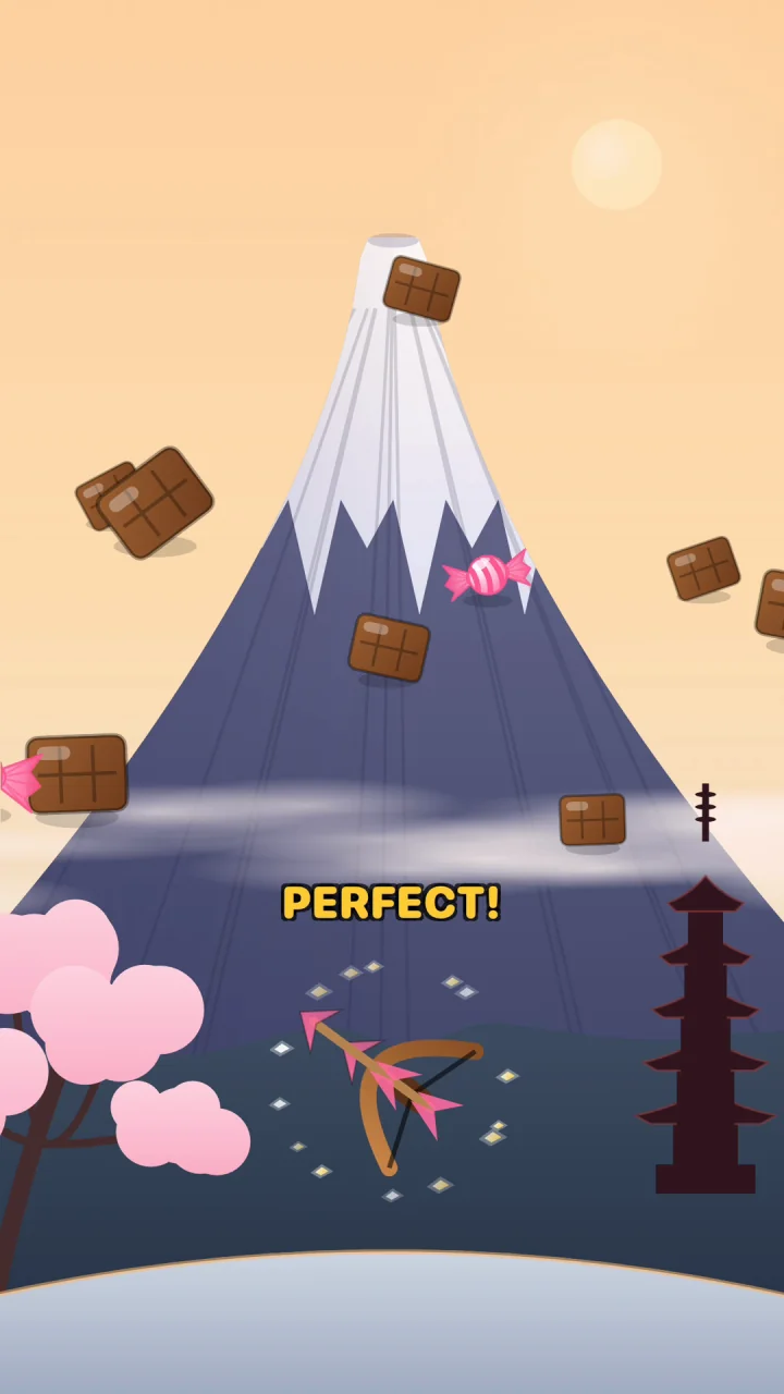 Captura de SnackShot: un arco apunta a snacks que vuelan sobre el monte Fuji, con cerezos en flor y una pagoda